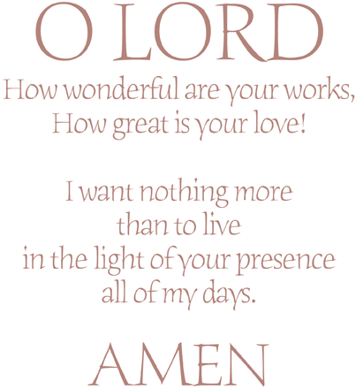 O Lord,
how wonderful are your works,
How great is your love!
I want nothing more
than to live
in the light of your presence
all of my days.

Amen