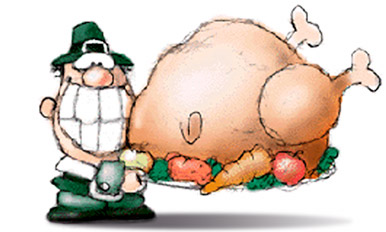 (Fun illustration of a smiling pilgrim and a really HUGE turkey!)