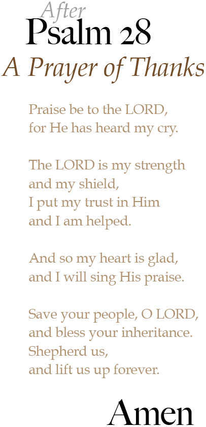 A Thanksgiving Prayer, after Psalm 28. 
Praise be to the LORD,
for he has heard my cry.

The LORD is my strength
and my shield,
I put my trust in him,
and I am helped.

And so my heart is glad,
and I will sing his praise.

Save your people, LORD,
and bless your inheritance,
Shepherd us,
and lift us up forever.
Amen.